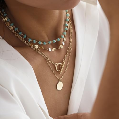 Boho Necklaces for Women Layered Turquoise Beaded Choker Necklace Western Jewelry for Women Sequin Coin Necklace Country Necklace Bohemian Boho Jewelry for Women Western Necklaces Summer Beach Necklace - style: Style C