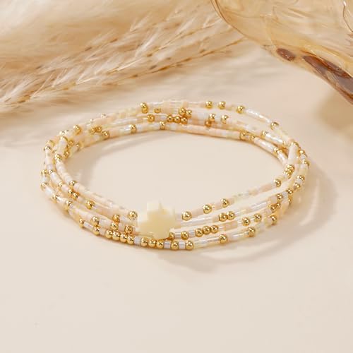Gold Colorful Beaded Cross Bracelet Stack Set for Women,Handmade Bohemian Seed Beads Stacked Bracelets Fashion Holiday Jewelry Gift - color: Beige