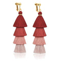 Clip on Earrings, Lightweight Colorful Layered Tassel Bohemian Statement Tiered Big Dangle Drop Earrings for Women, Non Pierced, Boho Jewelry - color: Dark Red