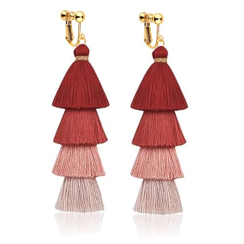 Clip on Earrings, Lightweight Colorful Layered Tassel Bohemian Statement Tiered Big Dangle Drop Earrings for Women, Non Pierced, Boho Jewelry - color: Dark Red