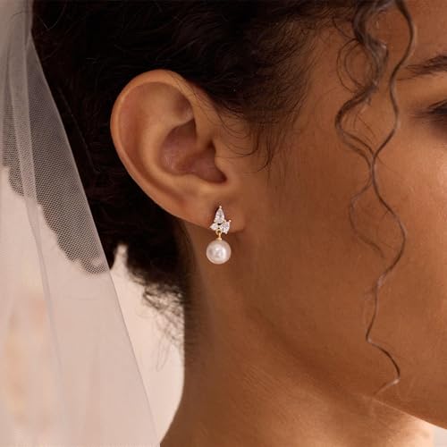 Pearl Earrings for Women, Dainty Wedding Bridal Earrings 14k Gold Plated CZ Pearl Drop Earrings for Women Trendy Hypoallergenic Unique Gold Drop Earrings Fashion Prom Jewelry - color: Gold-C