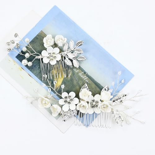 inSowni 20 Pieces Rhinestone Pearl Bridal Wedding Party Prom White Flower Hair Side Combs Slides +U-shaped Floral Hair Pins+Twist Spiral Pearl Hairpins Headpieces for Brides Bridesmaids Girls Women - color: Pure White
