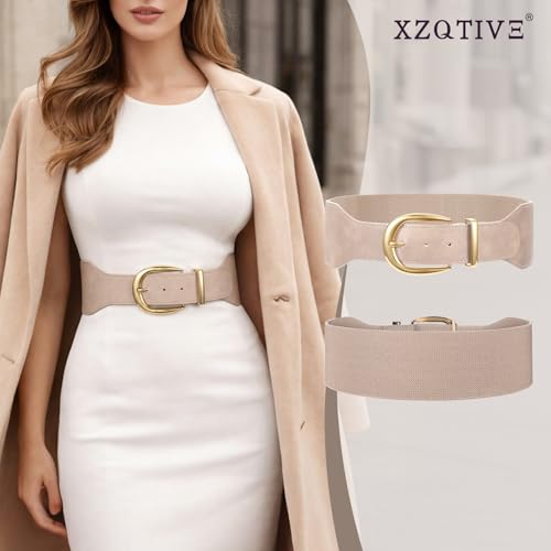 XZQTIVE Women Wide Elastic Waist Belt for Dresses Fashion Cinch Belts Stretchy Waistband with Gold Buckle - color: Beige, size: Fit Waist Size 26"-29"