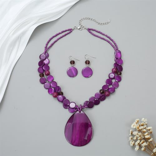 Big Teardrop Pendant Necklaces for Women Colorful Beaded Necklaces Statement Set for Holiday. - color: Purple