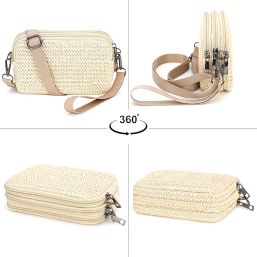 Small Wristlet Wallet for Women, 3-Zip Crossbody Phone Purse - color: Ivory/Pp Straw