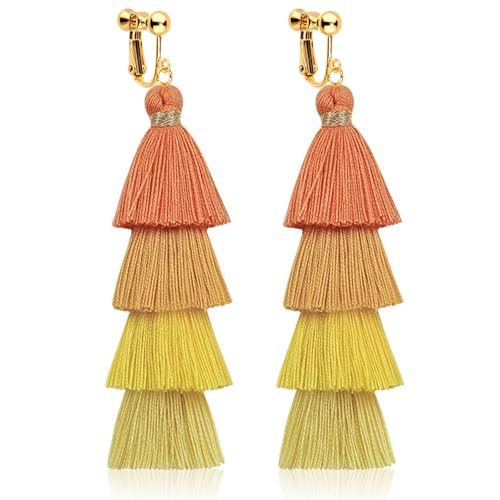 Clip on Earrings, Lightweight Colorful Layered Tassel Bohemian Statement Tiered Big Dangle Drop Earrings for Women, Non Pierced, Boho Jewelry - color: Yellow