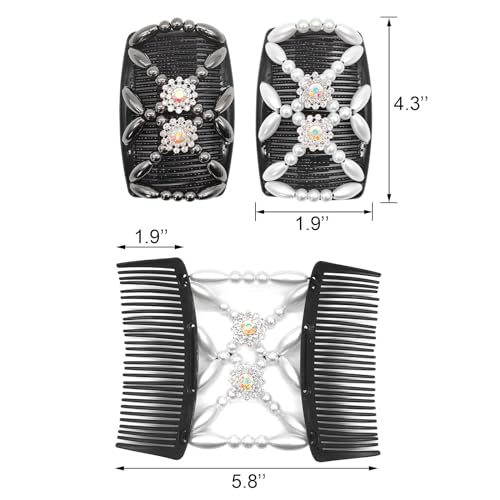 Quacc 2pcs Magic Bead Hair Combs Stretch Beaded Hair Combs Double Sided Clips Hair Comb for Women Girls DIY Hairstyling Hair Accessories (Black and White)