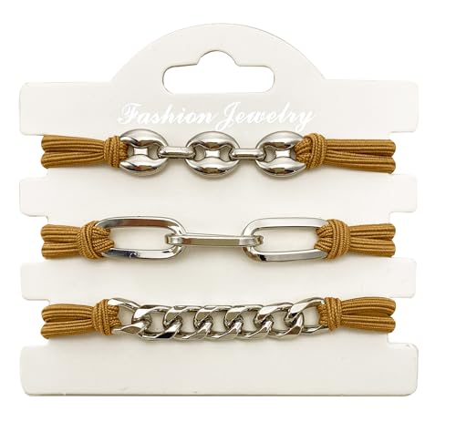 Ponytail Holders Hair Ties, Girls Soft Elastic Hair Tie Bracelet for Women with Silver Jewelry Cute Stretchy Pony Tails Hair Ties for Girls Gifts (Caramel with Silver) - color: Caramel-05