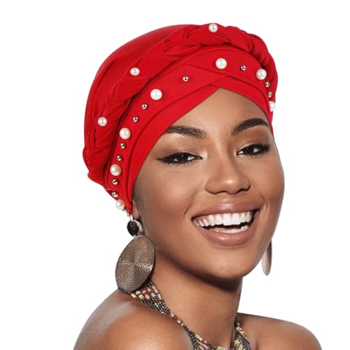 African Women Turban Caps Pre-Tied Twisted Turbans Head Scarf for Women Hair Wraps Cover Beanie Cancer Chemo Headwear - color: 1 Pack Twisted Braid: Pearls Dark Red
