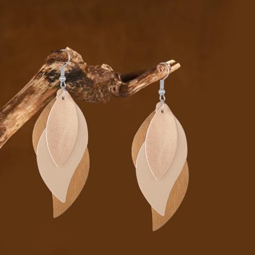 ANXIN boho unique Leather Earrings 2 Layered Lightweight Faux Leather Leaf Earrings Layered Design Drop Earrings Gift for Women - color: Style H