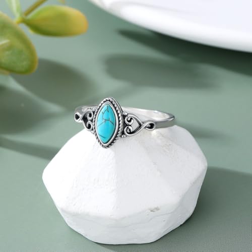 Real Turquoise Rings 925 Sterling Silver Natural Gemstone Olive Shape Ring Boho Western Jewelry Gifts for Women