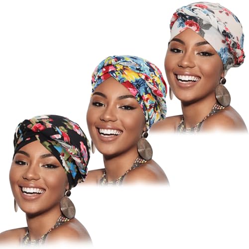 African Women Turban Caps Beanie Pre-Tied Twisted Braids Headwraps for Women Head Scarf Chemo Cancer Headwear Cap - color: 3 Pack Twisted Braid A: Floral Color H