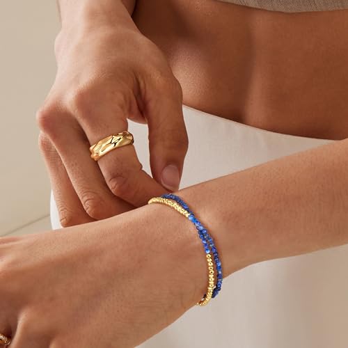 Fettero Beaded Bracelets for Women Charm Natural Stone Handmade Beads White Gold Plated Dainty Gold Bracelets Non Tarnish Boho Summer Beach Vacation Jewelry - color: Blue Lapis-Round