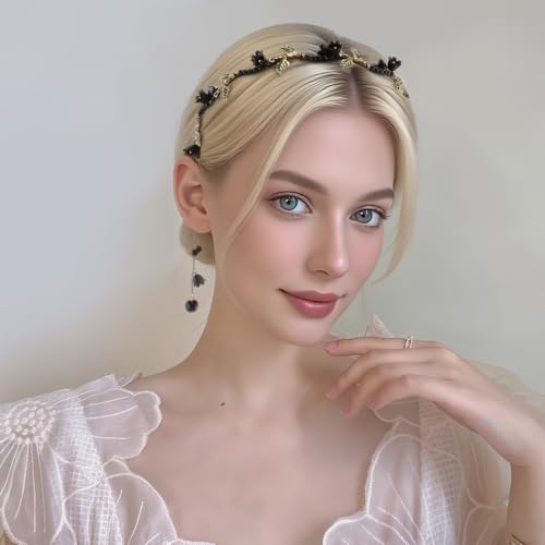 AHONEY Black Flower Headband Crown for Women Girls Dark Fairy Hair Accessories Gothic Headpiece Hair Vine Leaf Headband - color: Black