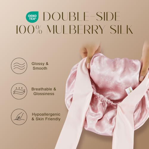 ZIMASILK 100% Mulberry Silk Bonnet for Sleeping Women Long Hair Double Layer Silk Hair Wrap with Tie Band Stay On Head (1Pc, Blush Flower) - color: Blush Flower