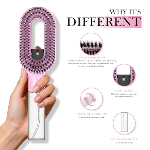 2-in-1 Manual Non-Electric Detangler Hair Brush with Built-In Mister Spray, Wet & Dry Detangling Brush for Curly, Wavy & Straight Hair, No-Tangle Anti-Frizz Brush，Reservoir 50ml.(Pink) - color: Pink