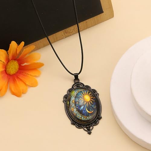 Halloween Gothic Witch Necklaces Cross Glass Pendant Necklace for Women Punk Vintage Black Dark Oval Cameo Necklace Witch Emo Necklaces Halloween Jewelry Witch Accessories 2025 - style: Sun and Moon