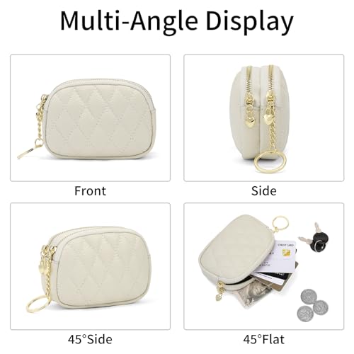 SENDEFN Women's Coin Purse Genuine Leather Wallet Small 2 Zippers Change Pouch Purse with Keychain Ring - color: 2-Beige