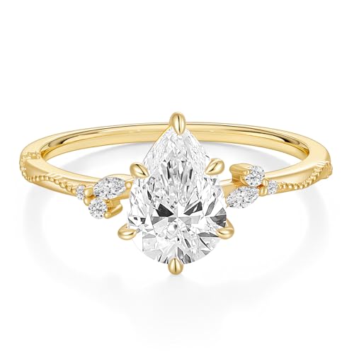 EAMTI 2CT Engagement Rings Pear Cut Wedding Teardrop Bridal Halo Nature Inspired Rings Cubic Zirconia Promise Bands for Women 3-11 - color: Brass-Gold