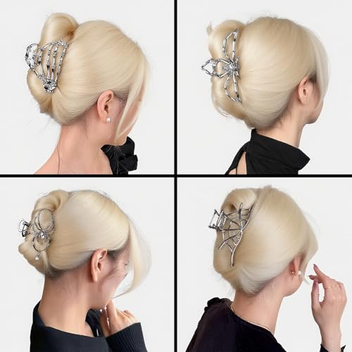 3Pack Halloween Hair Claw Clips Metal Black Spider Web hair clips Skeleton Hand Skull Hair Clips for Women And Girls,Goth Accessories for Thick Hair, Halloween Christmas Gift (Silver 3Pcs) - color: Silver 3Pcs