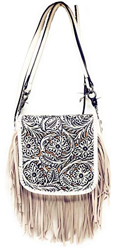 Western Genuine Leather Floral Tooled Fringe Womens Crossbody Bag 3 Color - color: Beige/White