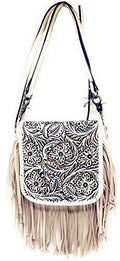 Western Genuine Leather Floral Tooled Fringe Womens Crossbody Bag 3 Color - color: Beige/White
