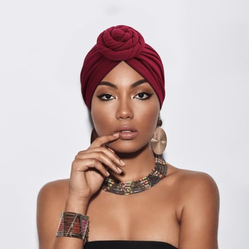 African Women Turban Caps Pre-Tied Twisted Turbans Head Scarf for Women Hair Wraps Cover Beanie Cancer Chemo Headwear - color: 1 Pack Twisted Braid: Burgundy