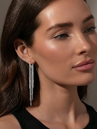 Robaice Gold Long Prom Earrings for Women, 14K Gold Plated Pearl Dangle Drop and Chain Tassel Threader Earrings Dangling，Rhinestone Zirconia Hypoallergenic Bride Party Prom Gold jewelry，Women Gifts - style: B-dangle tassel chains, silver