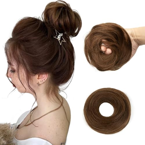 2 PCS Medium Brown Hair Bun, Messy Bun Hair Piece, Soft Fluffy Elastic Scrunchie, 30s Easy Updo for Women & Kids, Ideal for Daily Wear, Ballet, Dance & Office Use - color: Chocolate Brown, size: 4 Inch