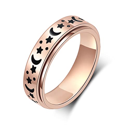 Anxiety Ring for Women Spinner Rings:Rotating Rings Stainless Steel 6mm Moon Star Anxiety for Men Band Jewelry Gift for Women Size 6 7 8 9 10 - color: A-Rose Gold