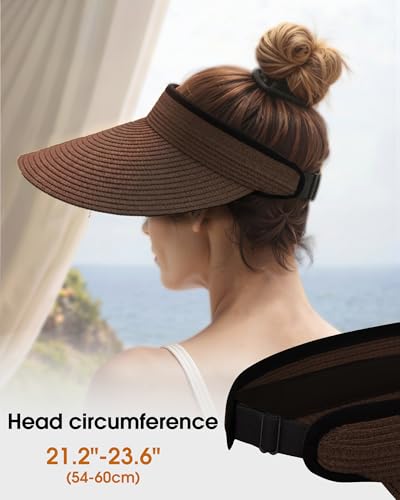 Senker Fashion Sun Hats Visor for Women, Straw Beach Hat Adjustable Wide Brim Ponytail Packable for Summer Travel UPF 50+ - color: Brown
