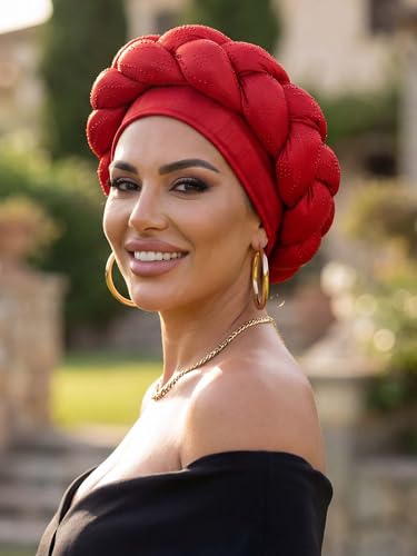Woeoe African Headwrap Gold Braided Turbans for Women - color: Red