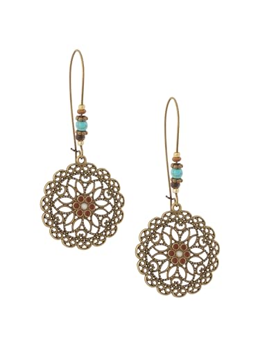 MINACHI Boho Antique Gold Tone Floral Mandala Drop Earrings with Turquoise Beads, Vintage Hippie Tribal Festival Western Jewelry Gift for Women