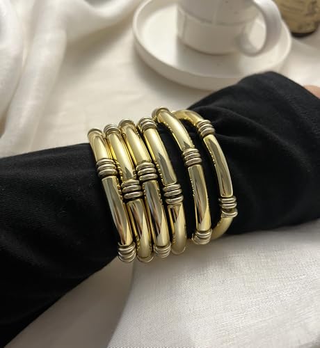 iF YOU 6pcs Chunky Acrylic Bangle Bracelets for Women, Resin Bamboo Brown Stretchy Bracelet Stack, Fashion Jewelry for Women - color: 6 Gold thin acrylic bracelets