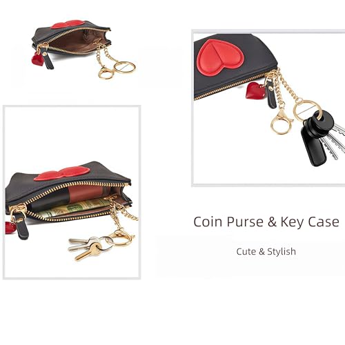 Red Heart Design Small Coin Purse - Cute Compact Keychain Change Purse Soft Leather Wallet with Zipper for Women (Black) - color: Black