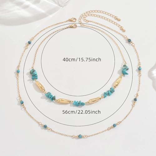 Layered Boho Necklaces for Women Vintage Adjustable Irregular Turquoise Splicing Choker Necklace Exquisite Long Gold Beaded Chain Country Necklace Western Jewelry for Women