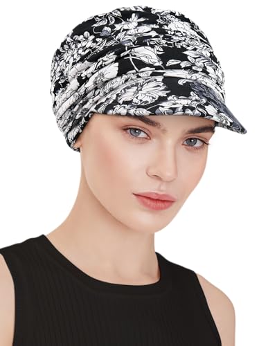 Chemo Headwear Viscose Newsboy Cap for Women Summer Hats - color: Black Blossoms