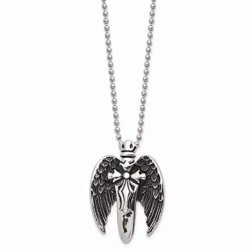 Solid Stainless Steel Polished w/Brushed Back Antiqued Winged Sword Necklace