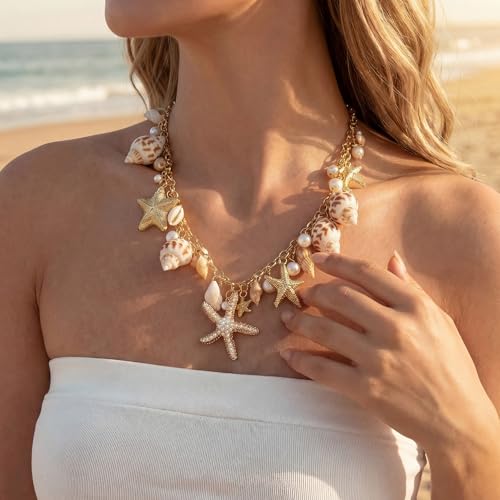 Shell Starfish Necklace for Women, Gold Plated Boho Layered Pendant Necklace with Pearl Conch Charm, Dainty Coastal Summer Beach Vacation Jewelry Gifts - style: Conch Starfish 1Pcs