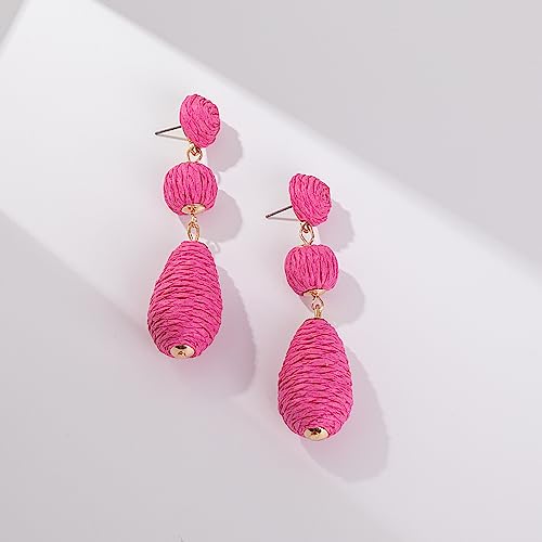 Boho Raffia Earrings Statement Dangle Earrings Cute Teardrop Ball Earrings Colorful Summer Jewelry Handmade Rattan Earrings for Women - color: Hot Pink