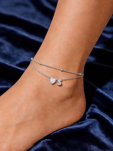 FindChic Silver/14K Gold Plated Layered CZ Initial Ankle Bracelet for Women | Waterproof Stainless Steel, Cubic Zirconia Letter Charm, Non-Tarnish, Hypoallergenic, Adjustable Extender, Summer Jewelry - color: Silver-CZ Heart, size: Small