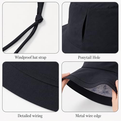 Wide Brim Sun Hat for Women Reversible Beach Hats Metal Wired Edge Gardening Hats, UPF 50+ Bucket Summer Hat - color: Black Floral