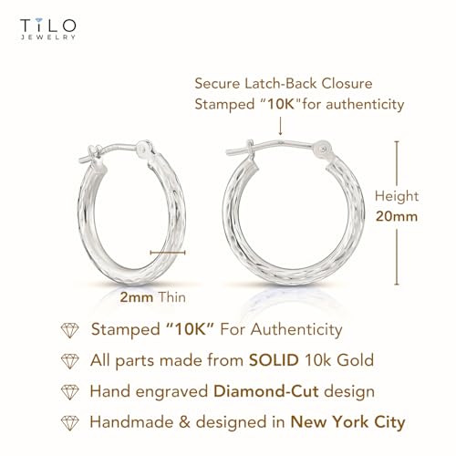 10K White Gold Hand Engraved Full Diamond-cut Round Hoop Earrings, Secure Latch Back Closure - style: 20mm