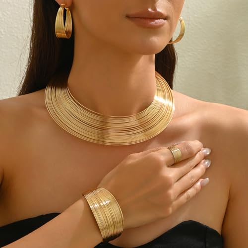 African Choker Necklace Bracelet Earrings Set for Women Dainty Chunky Gold Hoop Choker Necklace Wide Cuff Bangle Bracelets Exaggerated Ethnic Statement Jewelry Set for Women - style: B