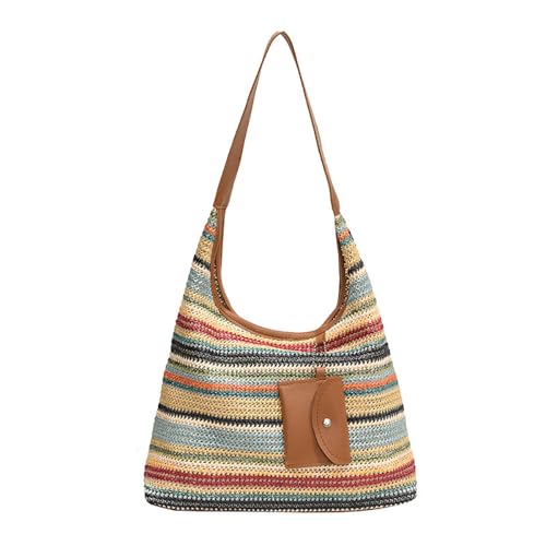 Women's Woven Beach Shoulder Handbag Colorful Straw Tote Bag Summer Vacation Crossbody Bag - color: 3016colorful