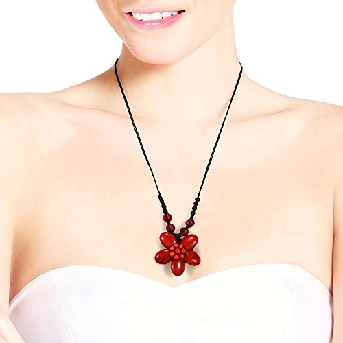 AeraVida Vibrant and Colorful Red Daisy Flower of Reconstructed Red Coral and Brass Wire Pendant on Cotton Rope Boho Chic Vibes with a Native Touch Statement Necklace