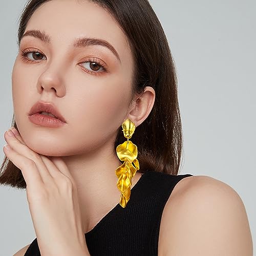 Long Acrylic Rose Petal Earrings Dangle Exaggerated Flower Earrings Drop Statement Floral Tassel Earrings for Women - color: Gold