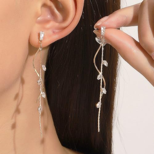 Temperament Long Zircon Tassel Earrings for Women Charm Jewelry Sparkling Crystal Leaves Twist Dangle Earrings for Friends - color: Gold