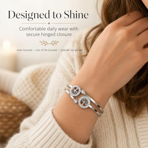 Gold Tree of Life Bangle Bracelet for Women, 18K Gold Plated Stainless Steel Double Layer Spring-Open Bangle, Meaningful Dainty Jewelry Gift - color: TREE SILVER