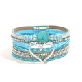 Womens Multi Layer Heart Leather Wrap Bracelet Boho Stackable Cuff Bangle Magnetic Clasp Crystal Birthday Valentine Gift - color: Sky Blue